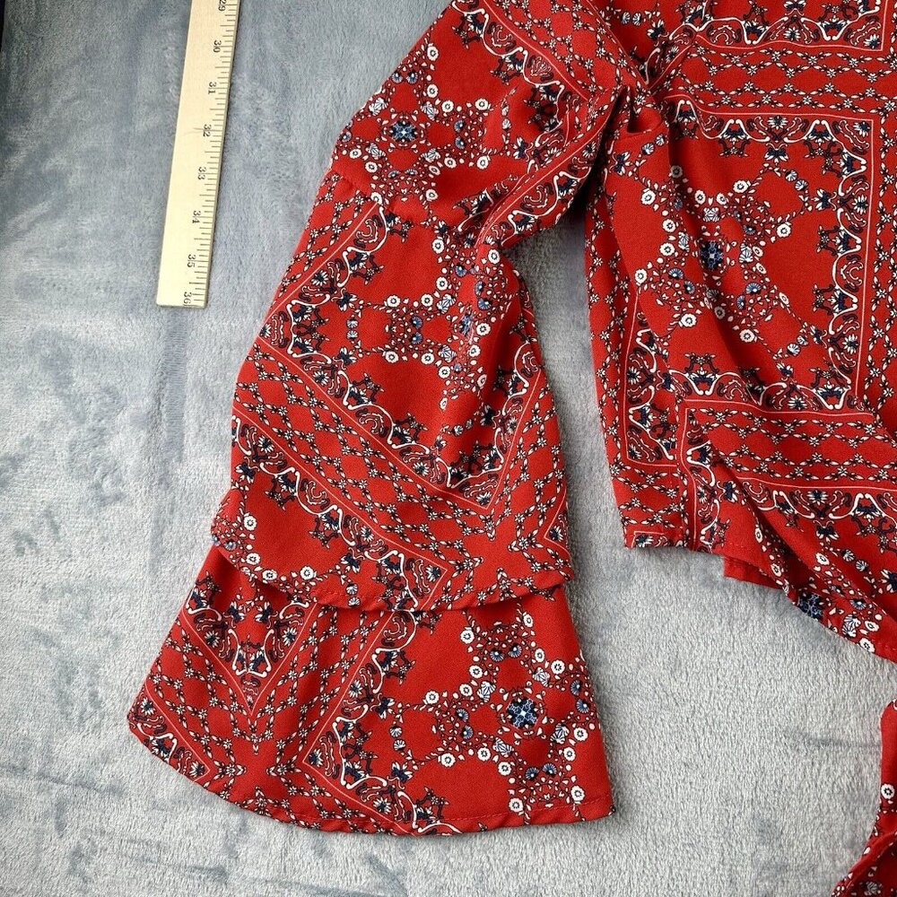 ALTAR’D STATE Mackenzie Bandana Print Blouse‎ Women’s Sz M Red Tie Belle Sleeve - Picture 3 of 12
